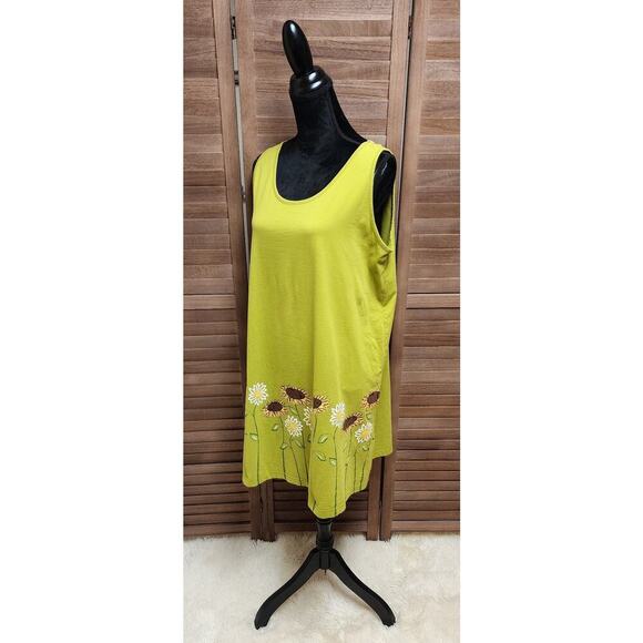 Coral Bay Casual Sleeveless Lime Green Sunflower Cotton Shift Dress Size XL - Picture 4 of 8